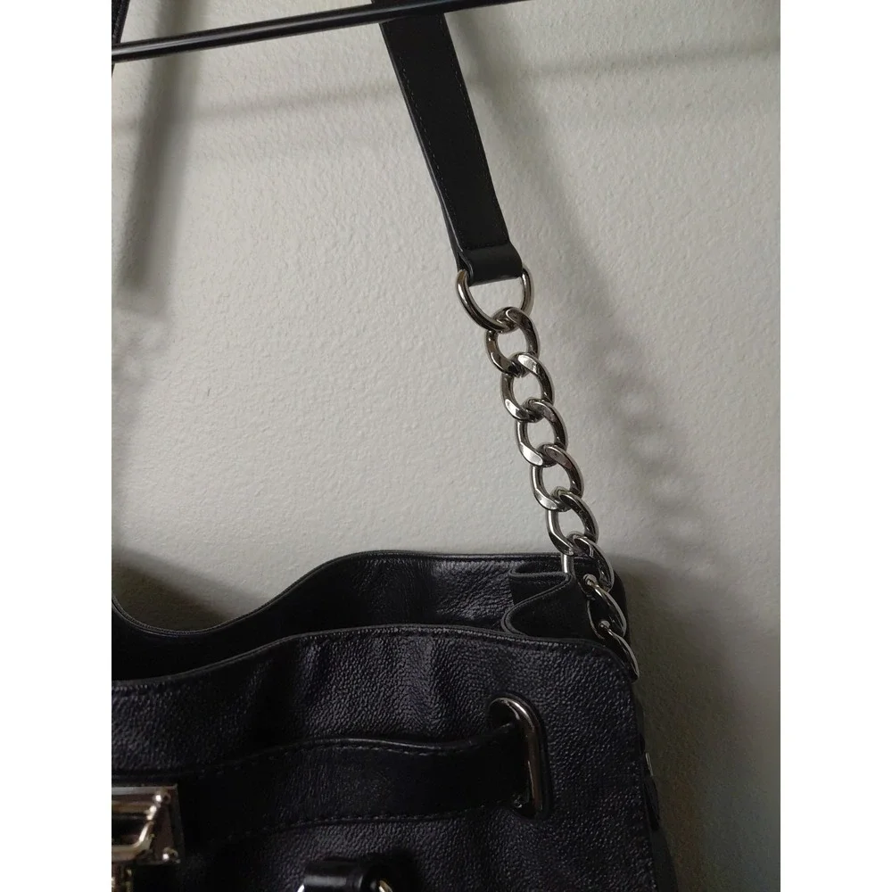 MICHAEL KORS Hamilton Saffiano Satchel Medium Black Leather Silver Accents
